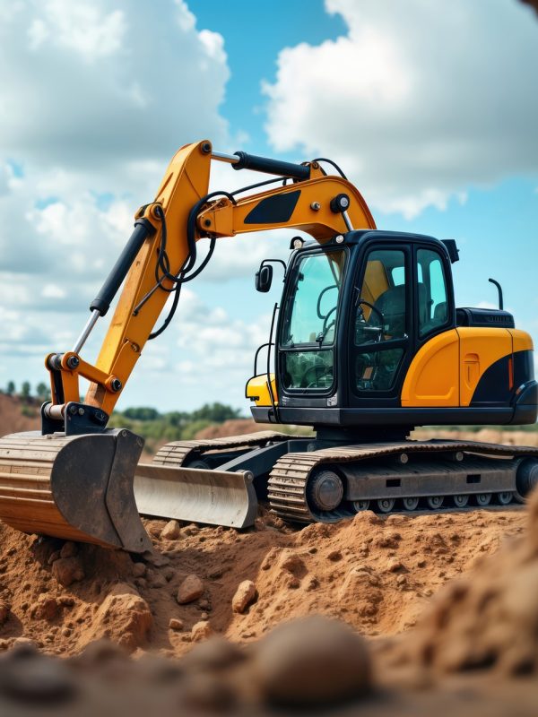 Yellow mini excavator works at construction site. Machine digs earth in pit. Cloudy blue sky above. Construction equipment helps, building project. Earthworks activity outdoors. Sunny day at