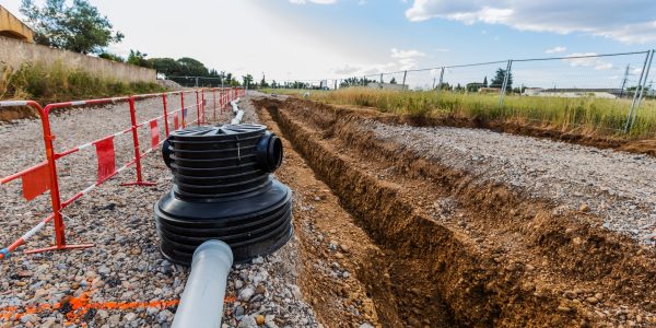 Tranchée pour installation des réseaux d'eaux usées.